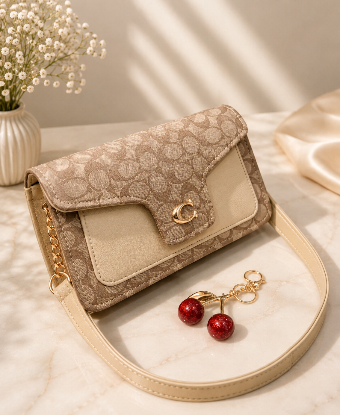 Coach Shoulder Bag with Cherry Keychain.