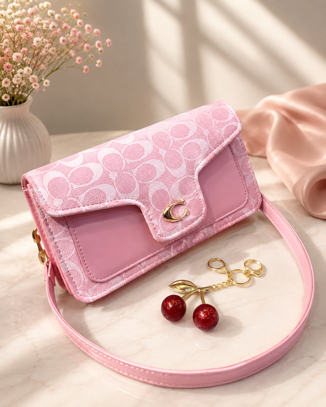 Coach Shoulder Bag with Cherry Keychain.