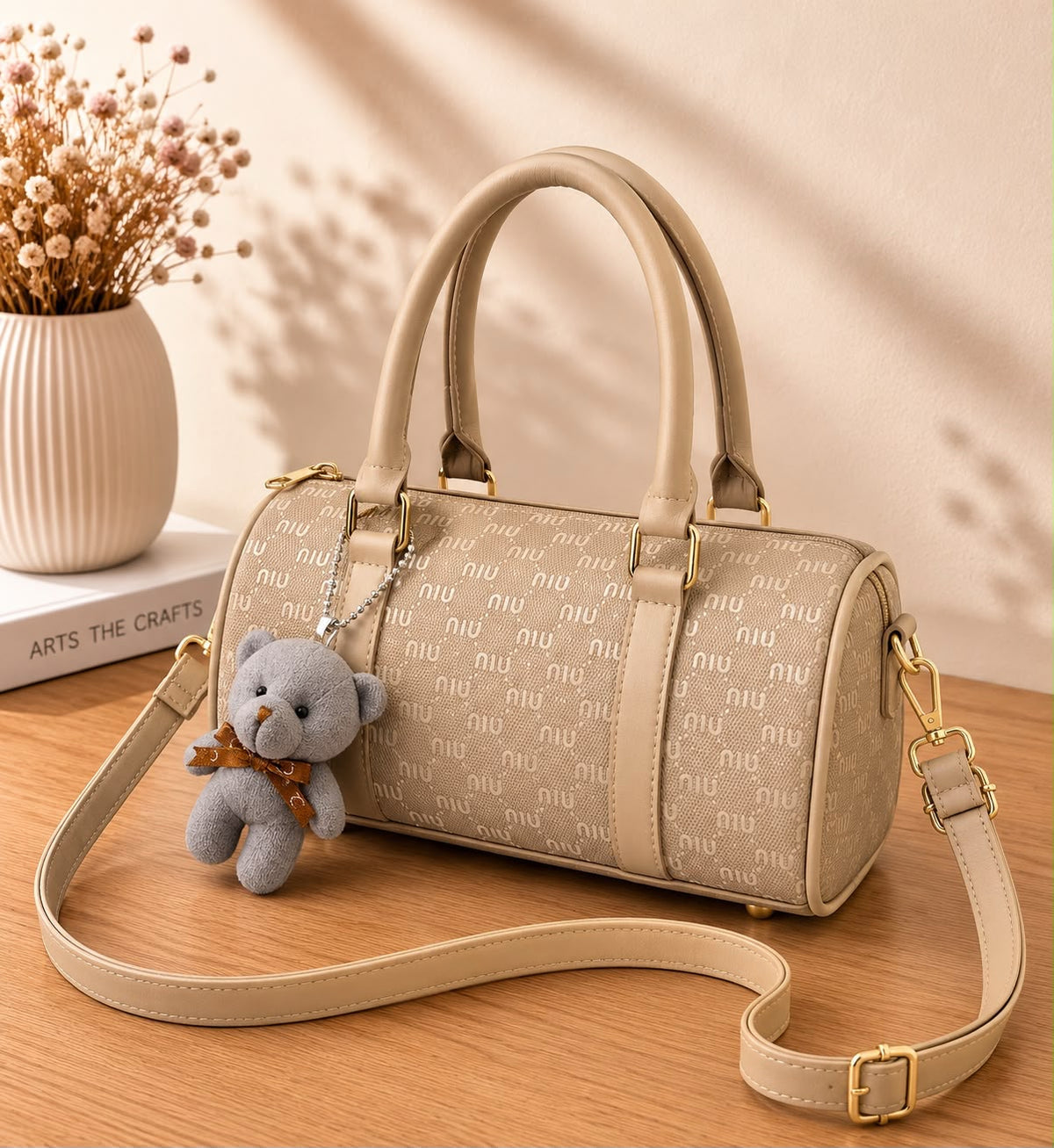 Min Min High Quality Duffle Bag with Teddy Bear Keychain