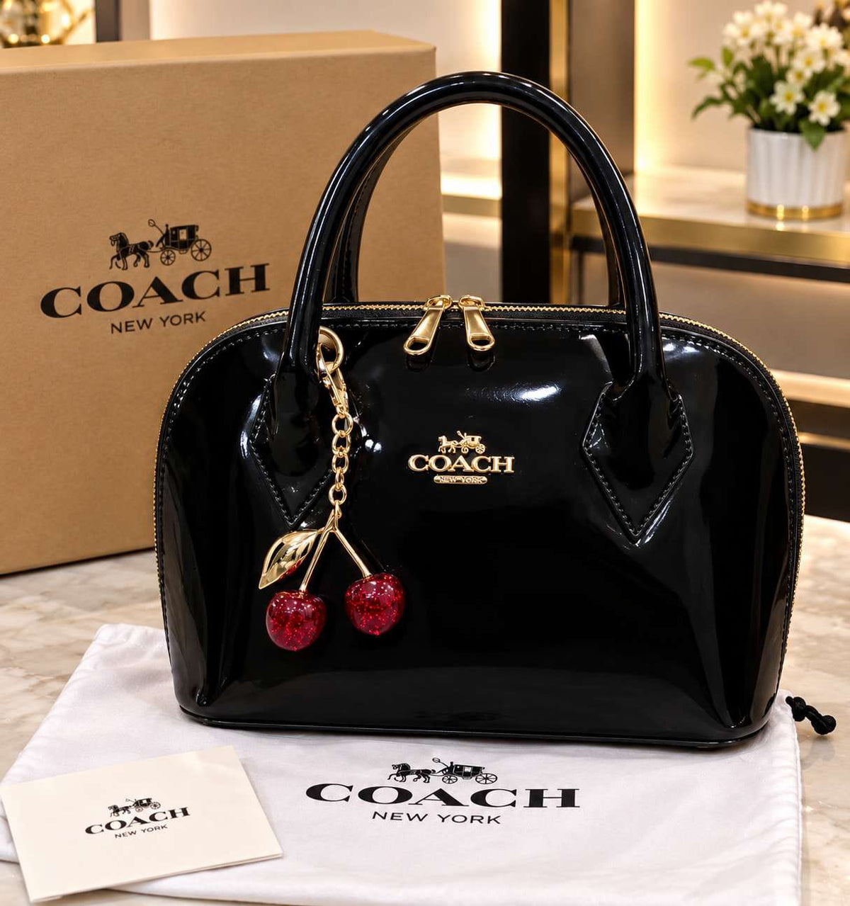 Coach Style Premium Handbag for Women with Cherry Keychain & Dust Bag
