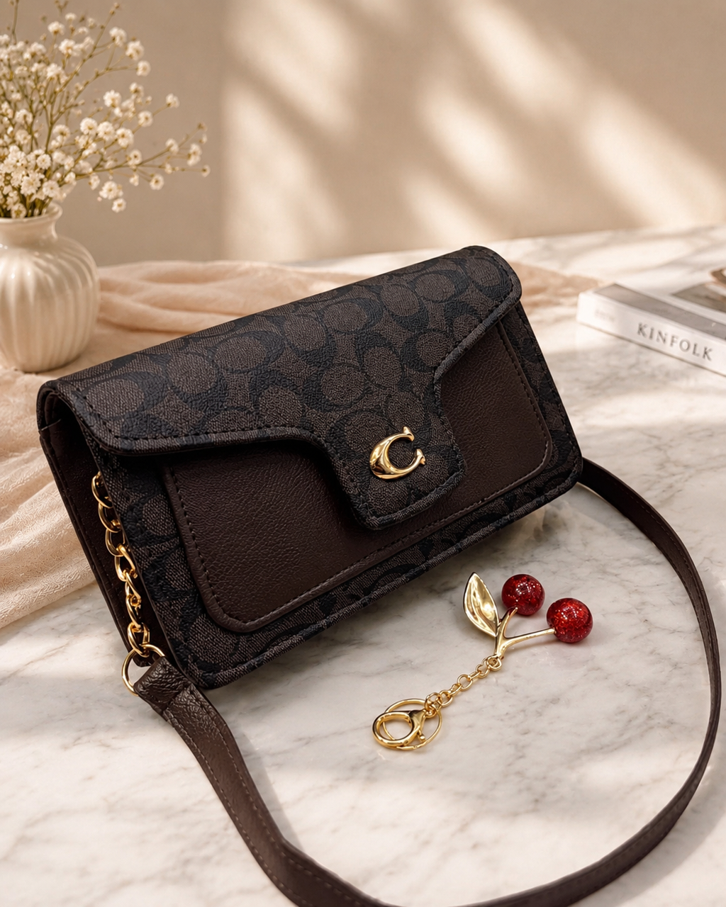 Coach Shoulder Bag with Cherry Keychain.